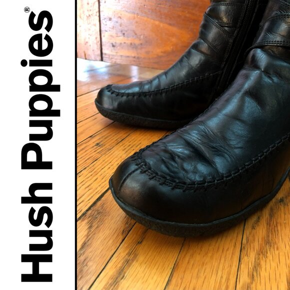 Hush Puppies Black leather boot high wedge heel brass buckle & ankle strap 8.5 - Picture 7 of 10